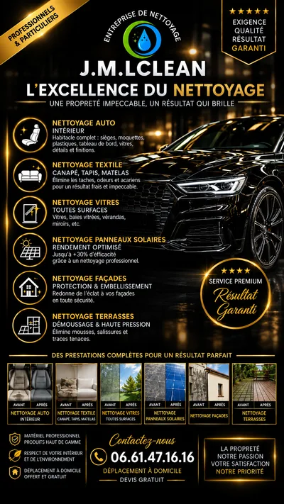 Devanture de J.M.LClean nettoyage auto, tissus d'ameublement, vitres, façade, panneau solaire & photovoltaïque, nettoyage tous locaux